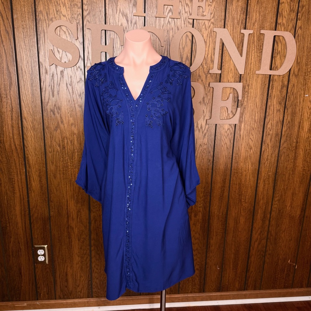 Blue Beaded Silk Blend Kaftan Chico's Tunic Size 2 L Boho Glam Embellished Luxe